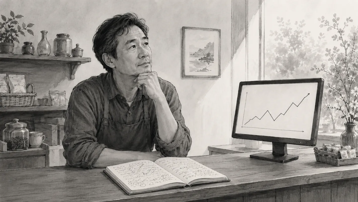 カウンターの内側。手元のノートには手書きの数字がびっしり並び、その横でパソコンの画面にも売上グラフが表示されている。だが店主は画面を見ず、経験で判断している様子