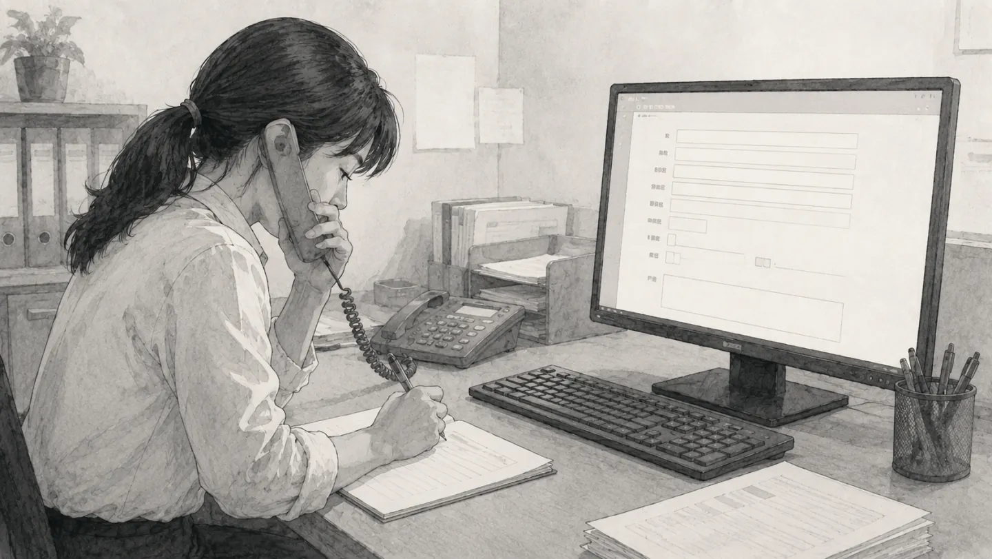 電話を耳に当てながら手元のメモ用紙に走り書きし、その横でパソコンの入力画面が開いたまま待っている様子