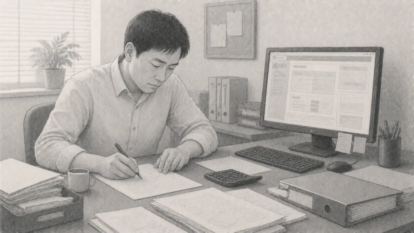パソコンの画面に開かれたまま放置された管理画面の横で、結局いつもの紙の書類で作業している場面