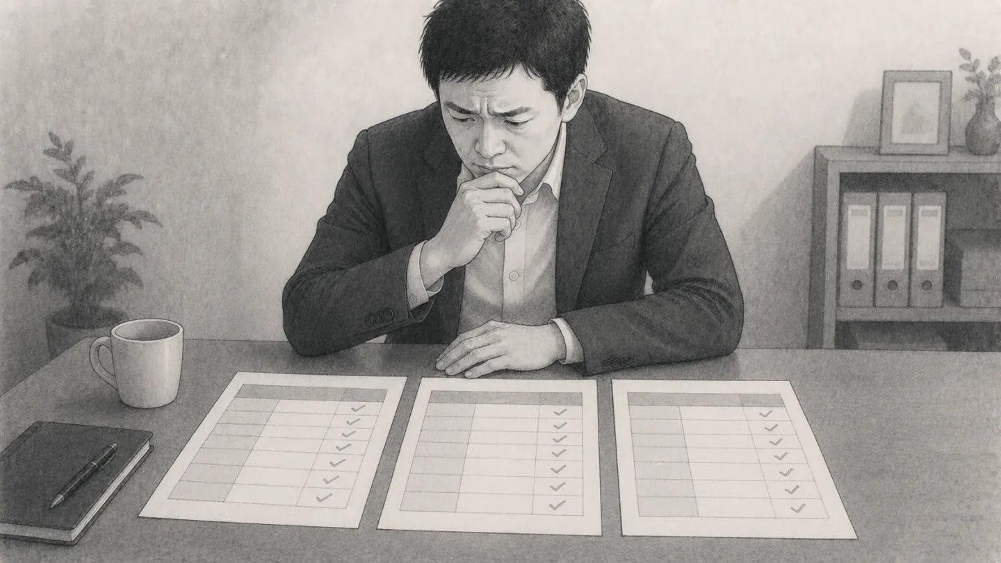 机の上で、よく似た機能一覧のページを三つ並べて見比べているが、どれも同じようなチェックマークが並んでいて手が止まっている様子