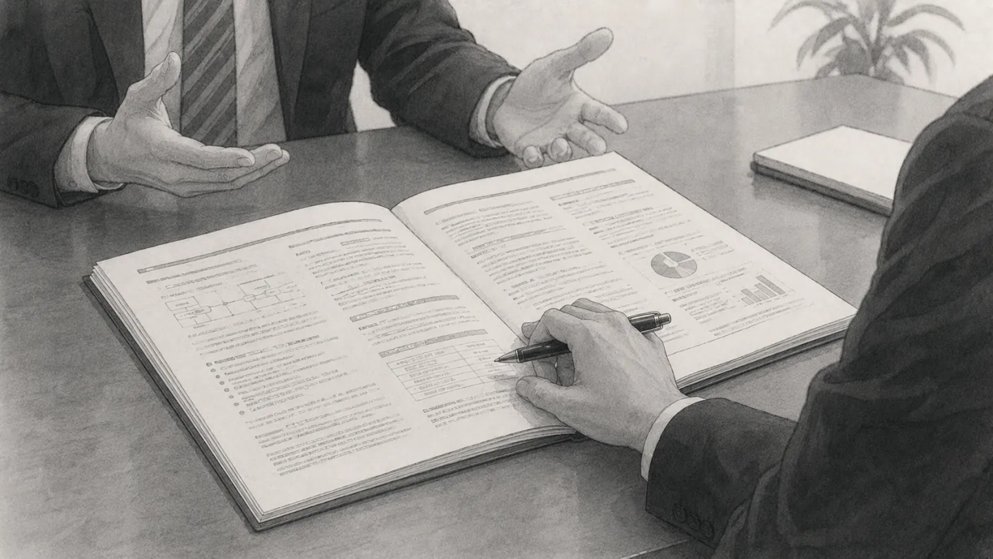 会議机の上に置かれた業者の提案書。専門用語の並んだページの上で、聞き手の手がペンを持ったまま止まっている様子