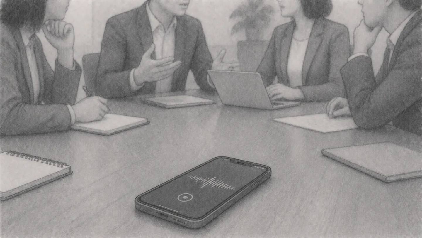 打ち合わせ中の会議机。数人が話し合っている手前で、スマートフォンが一台、録音中の画面を表示して置かれている様子