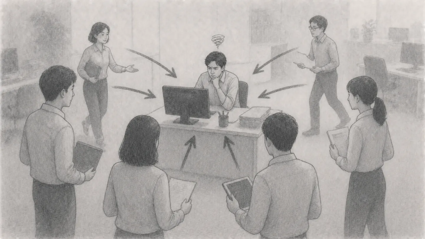 オフィスで一人の社員のデスクに、他部署の何人もの社員が順番に相談に来ている様子。矢印がその一人だけに集まっている構図