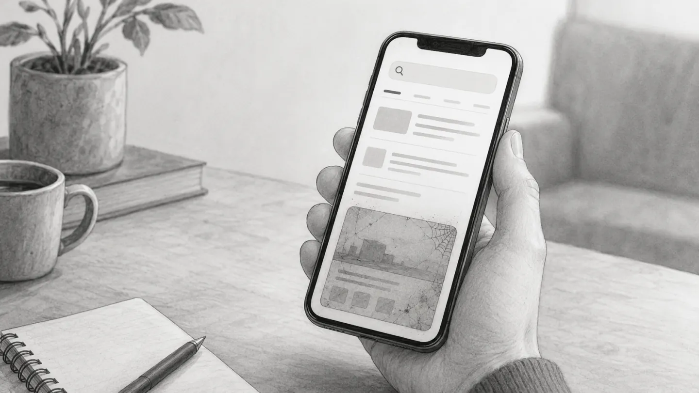 スマートフォンで会社名を検索した画面。検索結果に会社のホームページが出てこない、あるいは「新着情報」が数年前で止まっている様子