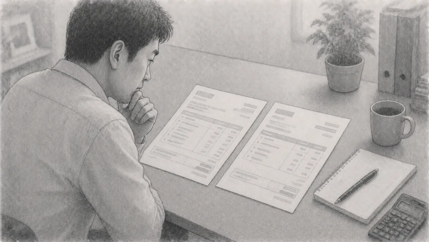 給与明細と、ツールの利用料の請求書が並んで置かれた机。合計額を見比べて、去年と変わらないことに気づいて手が止まっている様子