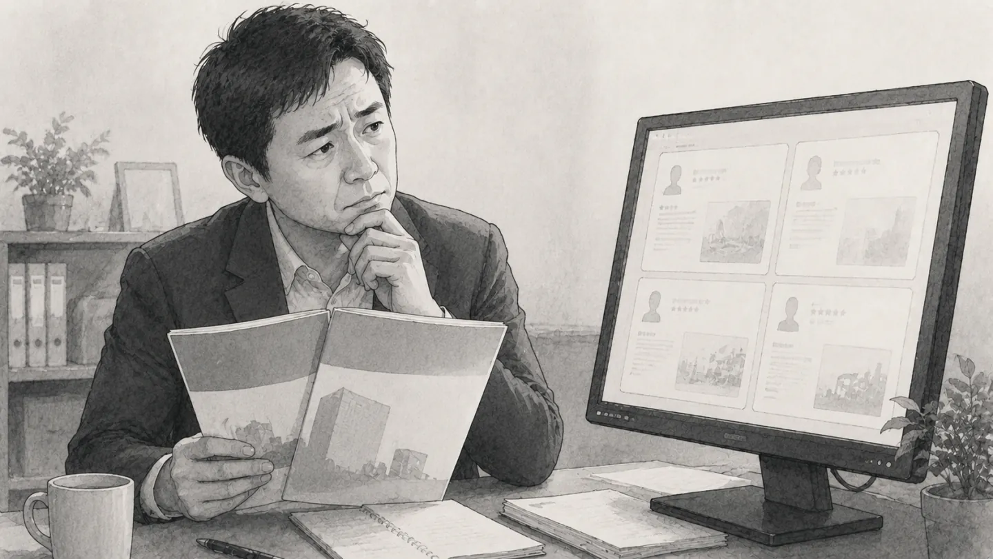 導入事例のパンフレットやレビュー画面を眺めながら、「うちに当てはまるのか」と首をかしげている場面