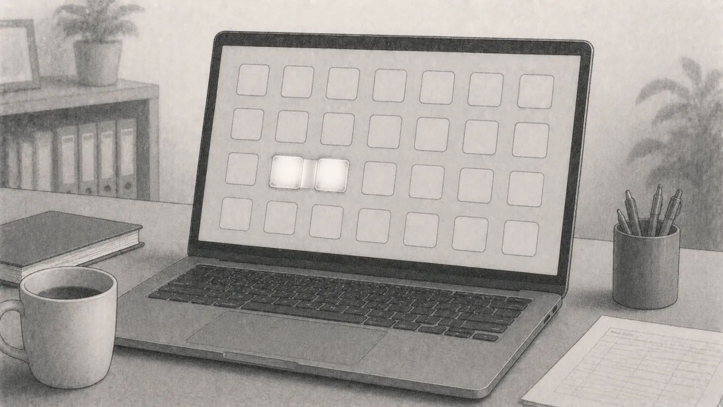 机の上のノートPC。画面には機能ボタンがずらりと並んでいるが、そのうちの二つだけに使い込まれた跡があり、残りは手つかずのまま並んでいる様子
