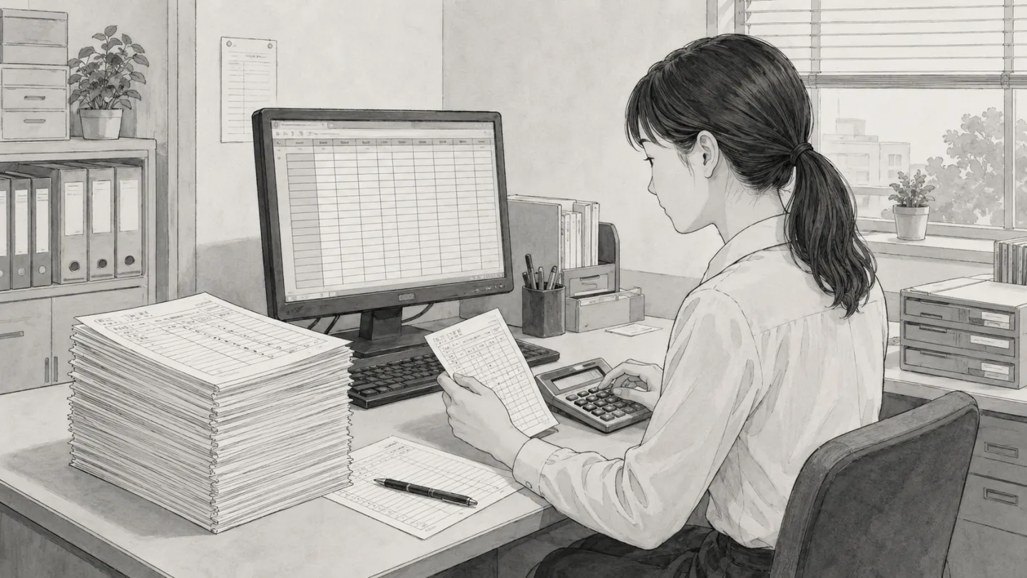 事務机の上に積まれた紙のタイムカードの束と、その横で電卓と表計算画面を交互に見ながら数字を打ち込んでいる担当者の様子