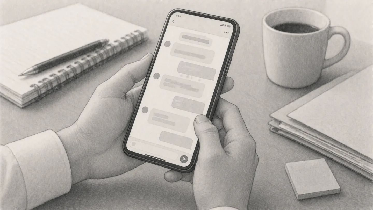 スマートフォンでメッセージアプリを操作している手元。画面には仕事相手とのやりとりが表示され、それが個人の端末の中だけにあることが伝わる様子
