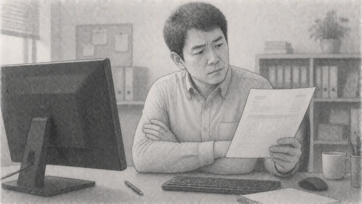 デスクで請求書とパソコンの画面を見比べ、どちらとも言えず腕を組んで考え込んでいる経営者の様子