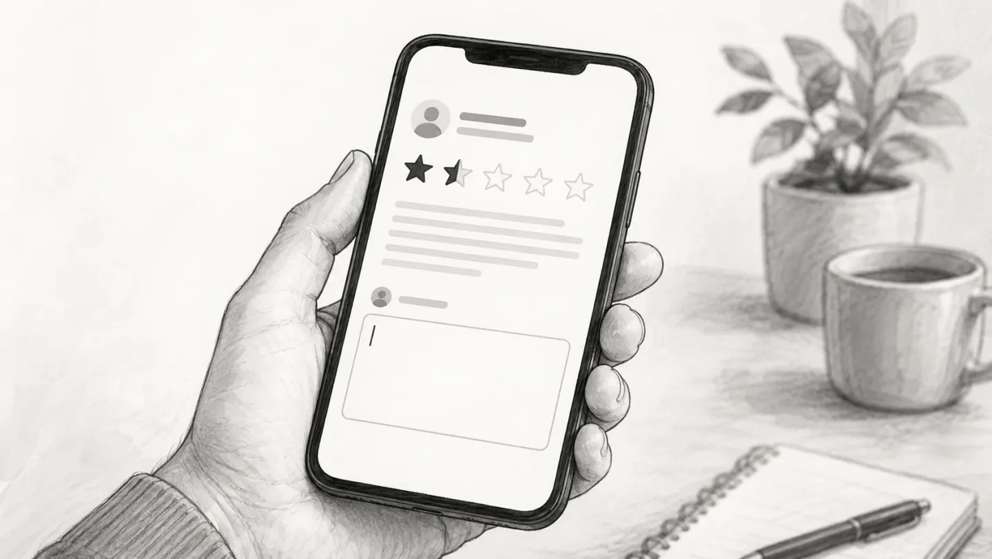 スマートフォンの店舗レビュー画面。低い星の評価が表示され、その下に「返信を入力」の空欄がカーソルだけ点滅している様子