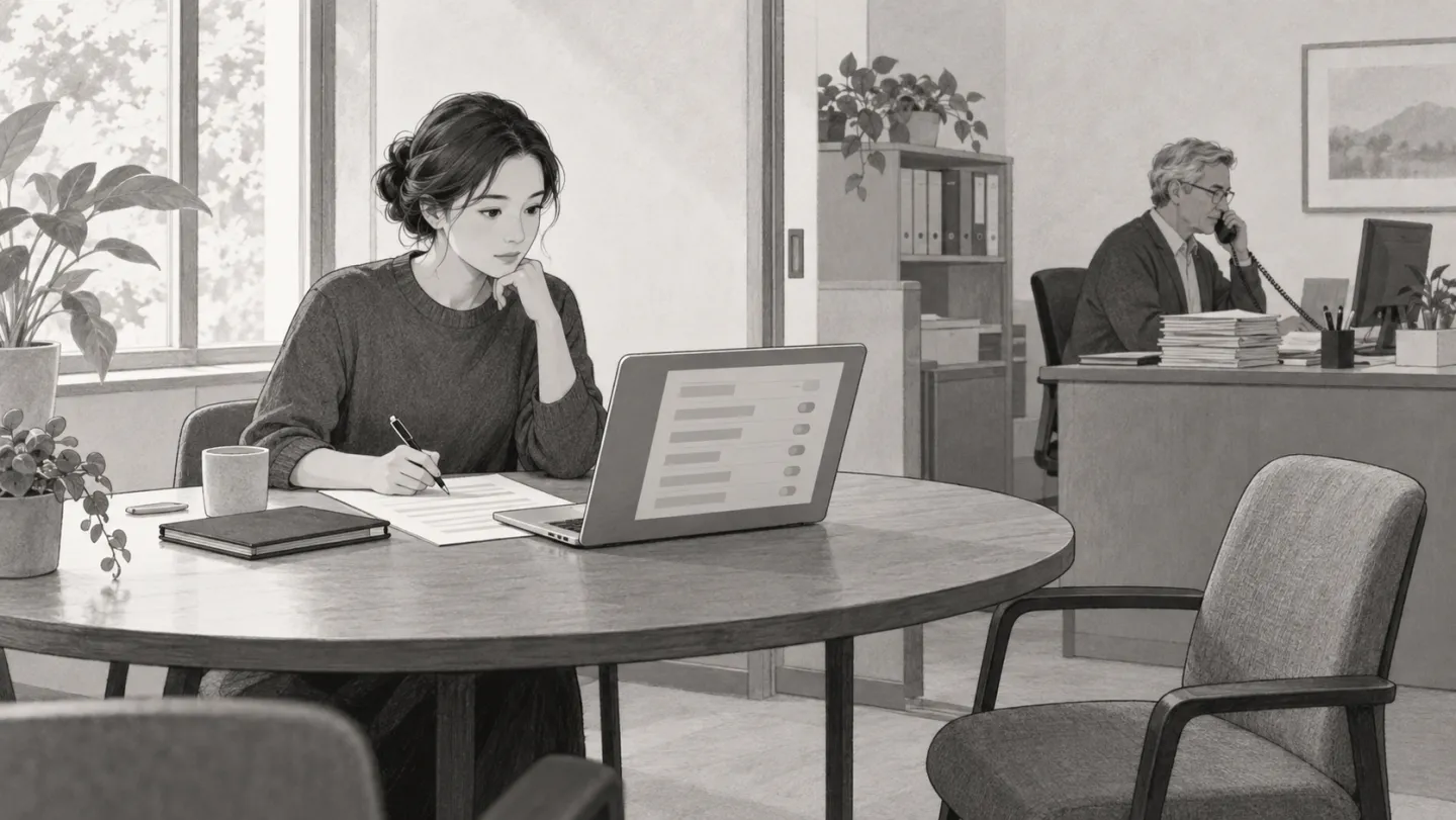 業者との打ち合わせの机で、若い社員が一人、設定項目の並んだ画面と資料を前にペンを止めている。隣の椅子は一つ空いている。部屋の奥では、長く勤める社員が伝票の束を手元に置いて、客先と電話で話している