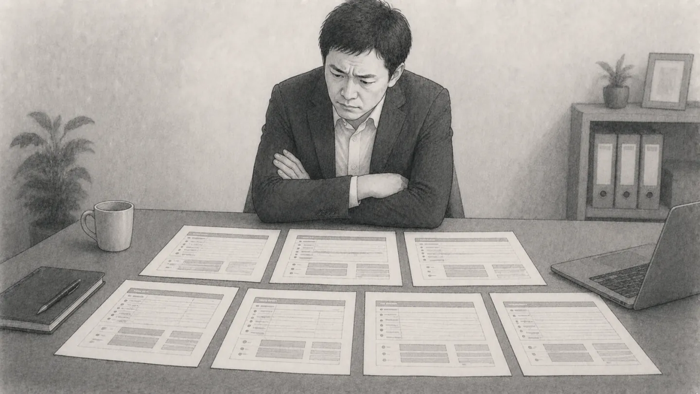机の上に複数の見積書を広げ、どれも甲乙つけがたく腕を組んで考え込む場面