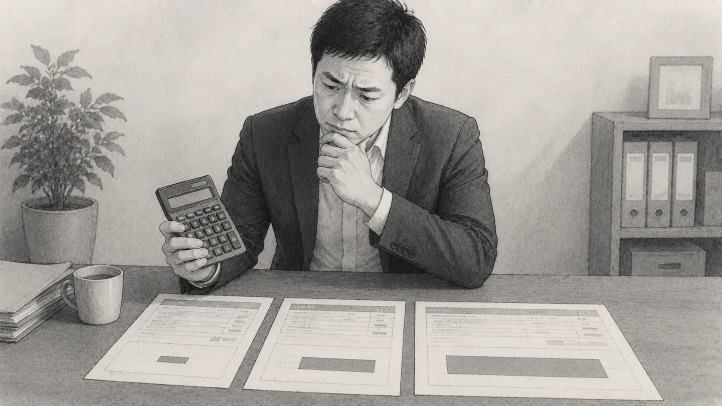 机の上に三枚の見積書を広げ、それぞれの合計金額に大きな開きがあるのを前に、電卓を手に考え込む場面