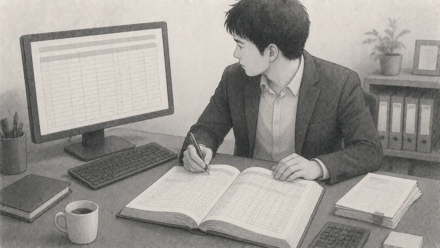 同じ内容が、机の上の紙の台帳とパソコン画面の両方に並んでいて、担当者がそれを見比べている様子