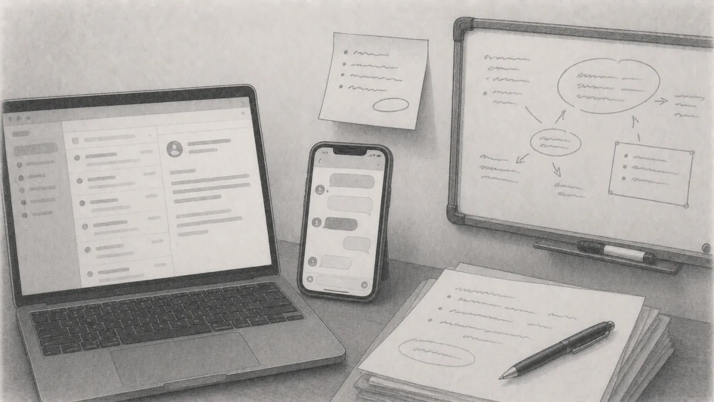 一つの案件をめぐって、LINEのトーク画面・メールの受信箱・手書きのメモ用紙・ホワイトボードに、決定の断片がそれぞれ別々に散らばっている様子