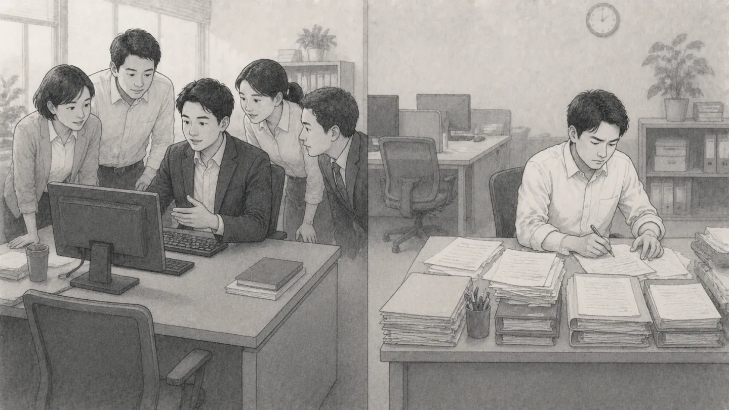 同じオフィスで、一台のPCの前に人が集まって一人に操作を尋ねている一方、別の席では旧来の紙の書類で作業を続けている人がいる様子