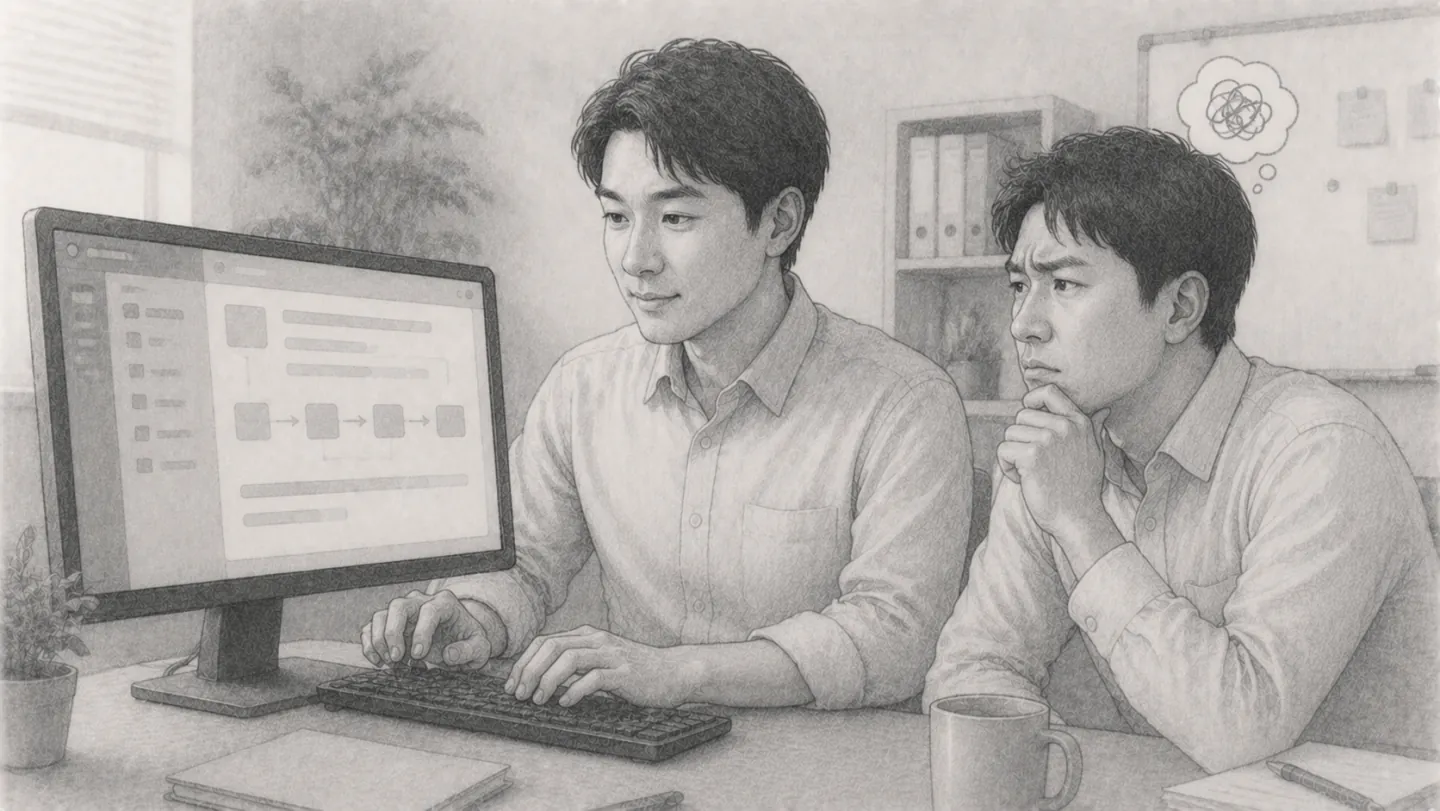 担当者がパソコンを慣れた手つきで操作している横で、別の社員が同じ画面を見ても手順を追えず戸惑っている様子